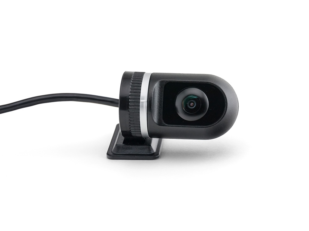 Schwarze USB-Kamera mit integriertem Ständer und angeschlossenem Kabel auf weißem Hintergrund.