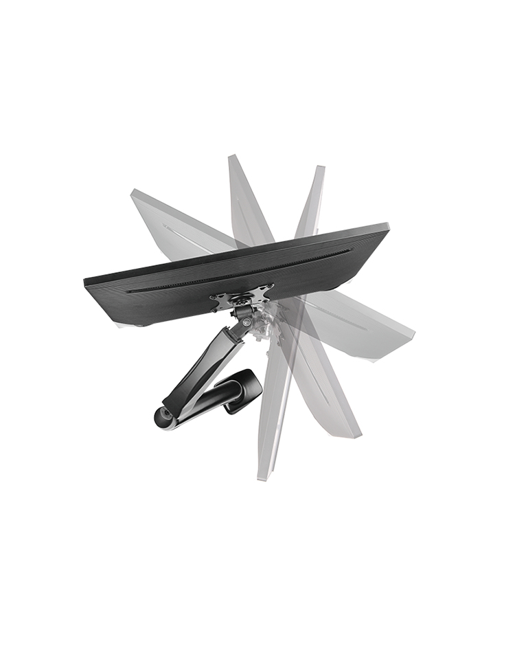 Un bras de moniteur noir montre différents angles d'inclinaison réglables sur fond blanc.