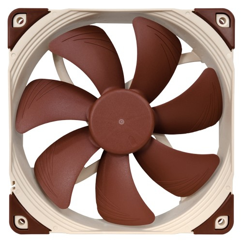 Brown and beige computer cooling fan with seven curved blades and corner dampeners.
