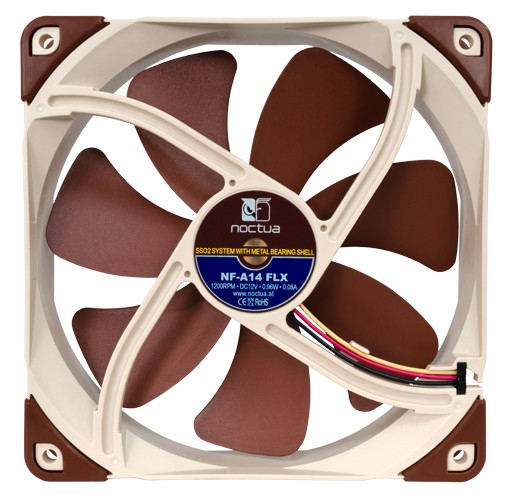 A brown and beige Noctua PC cooling fan with distinct curved blades and corner pads.
