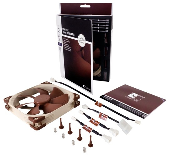 Noctua PC fan with brown and beige frame, open cardboard box, cables, screws, and manual on a white background.