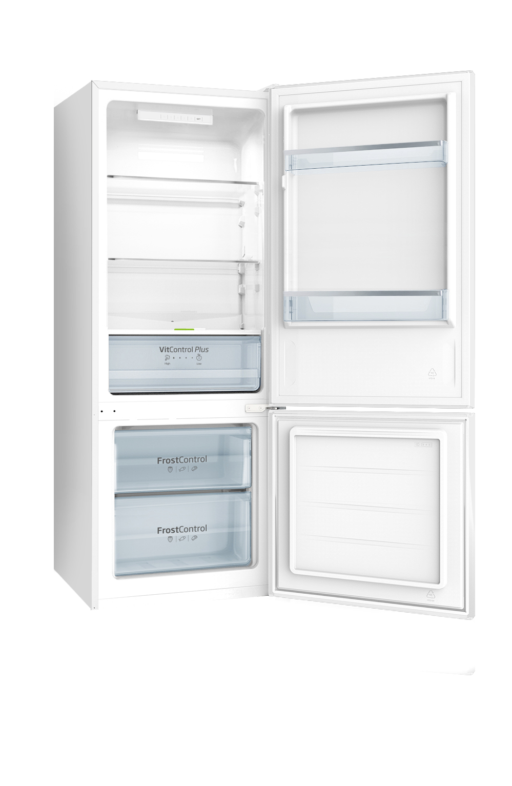 Biała, otwarta lodówka z szufladami VitControl Plus i FrostControl na białym tle.