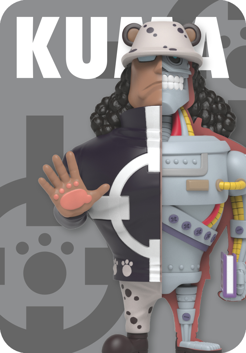 Figura divisa di Kuma da One Piece, umano a sinistra, cyborg con parti metalliche a destra.
