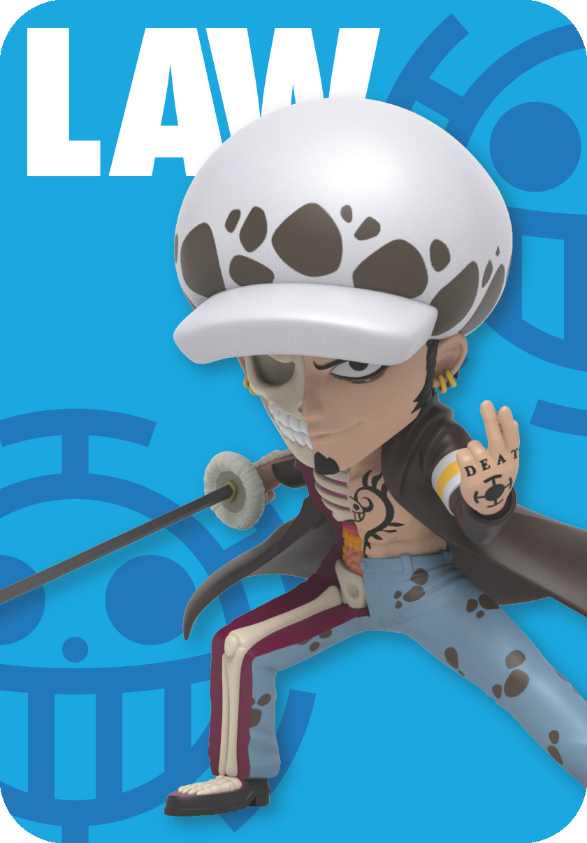Un action figure di Trafalgar Law con spada su sfondo blu con la scritta Law.