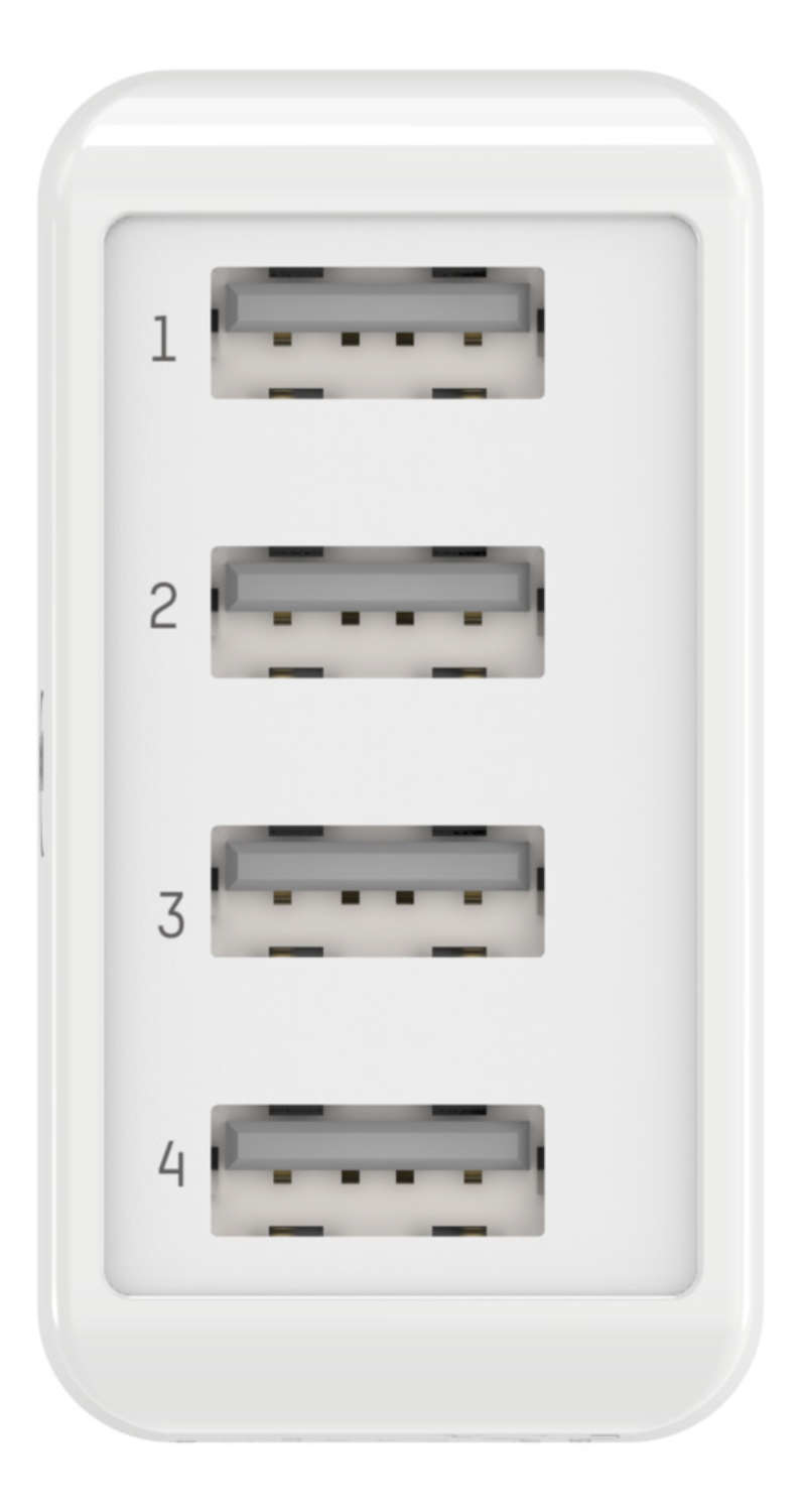 Ein weißer USB-Hub mit vier nummerierten Anschlüssen von eins bis vier in einer vertikalen Reihe.