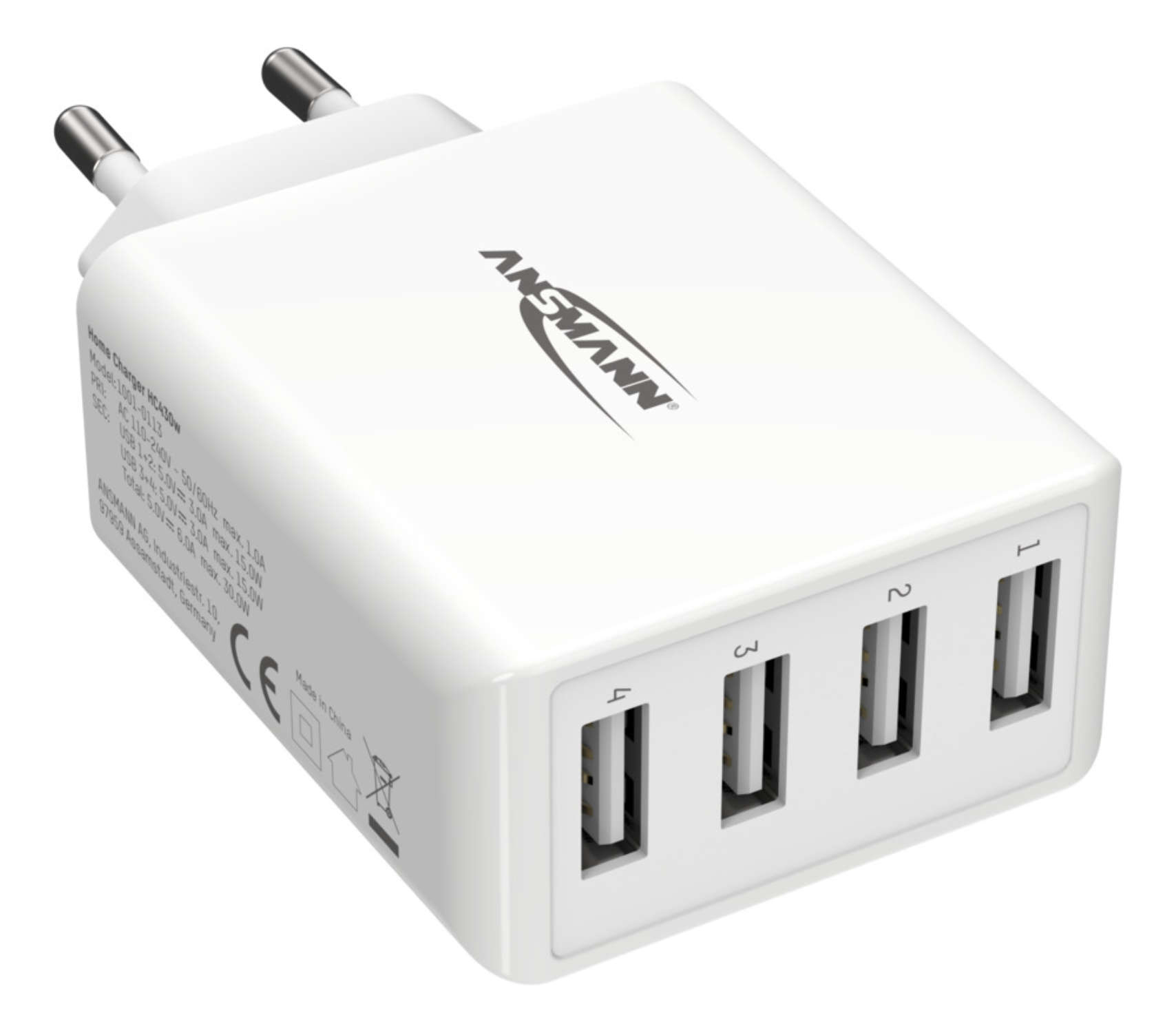 Weißes Ansmann-Netzteil mit vier USB-Anschlüssen und europäischen Steckern.