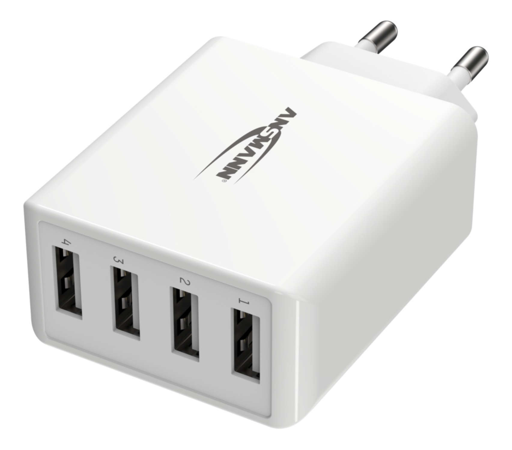 Ein weißes USB-Ladegerät mit vier nummerierten Anschlüssen und der Aufschrift ANSMANN auf einer hellen Oberfläche.