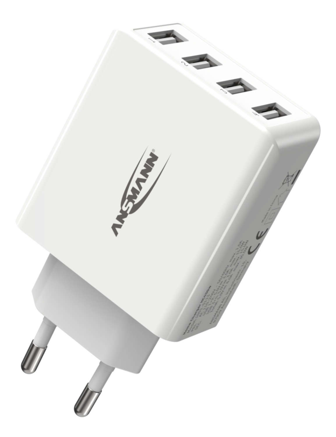 Weißes Ansmann-USB-Ladegerät mit vier Anschlüssen und EU-Stecker.
