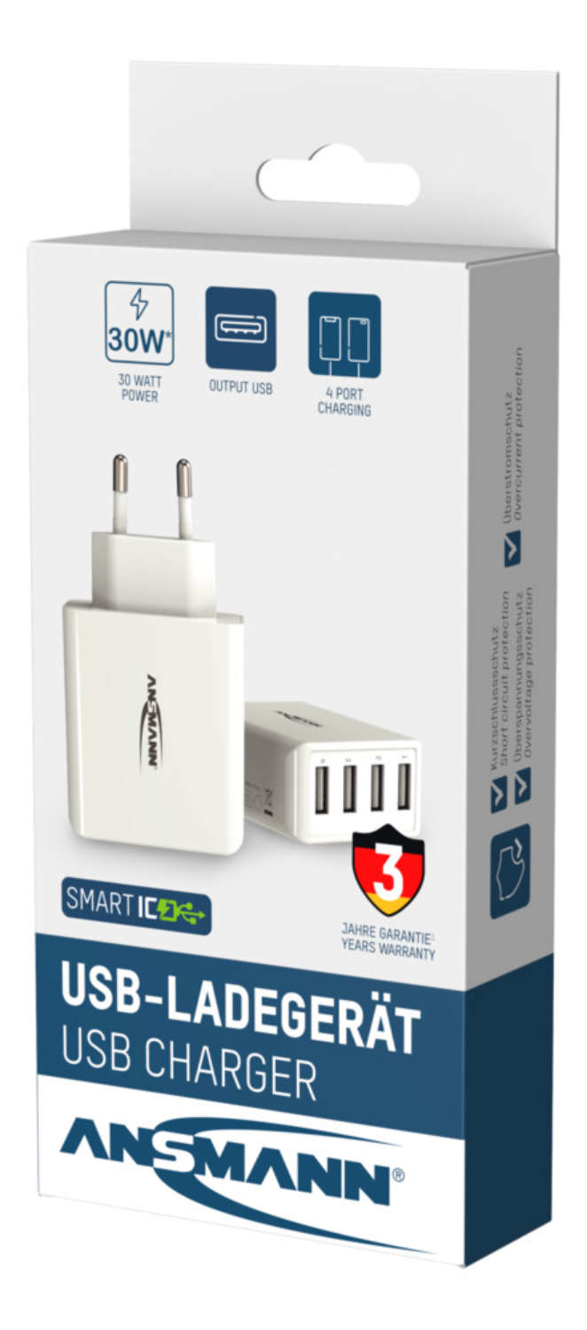 Annsmann USB-Ladegerät Verpackung mit zwei weißen 30W USB-Ladegeräten und Symbolen für die Anschlüsse.