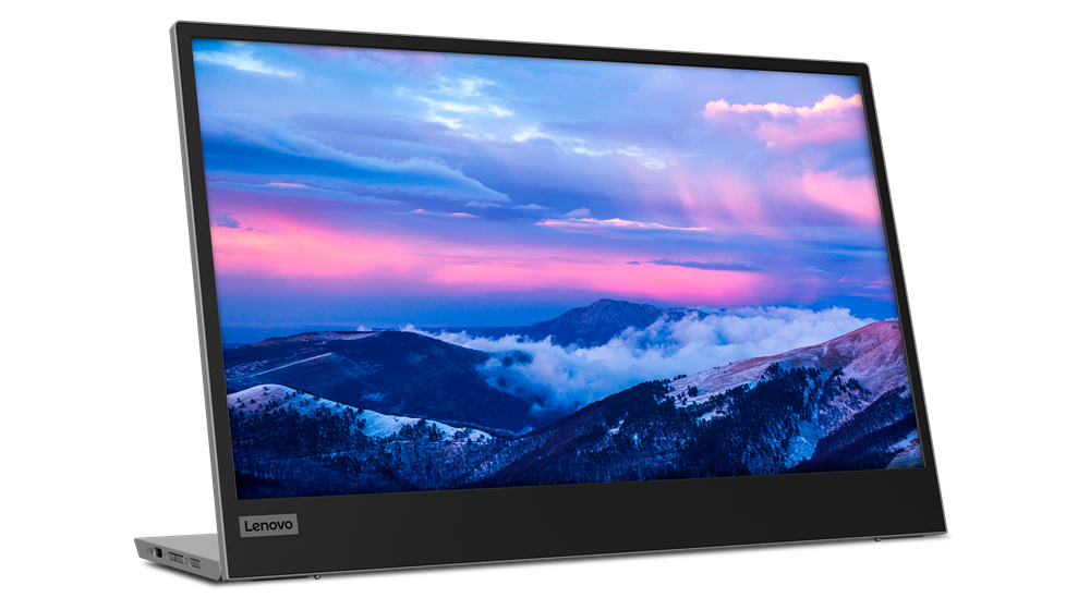 Uno schermo Lenovo mostra un paesaggio montano innevato con cielo e nuvole rosa.