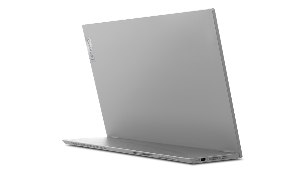 Un laptop Lenovo argentato visto da dietro su sfondo bianco, che evidenzia il suo elegante telaio metallico e la cerniera.