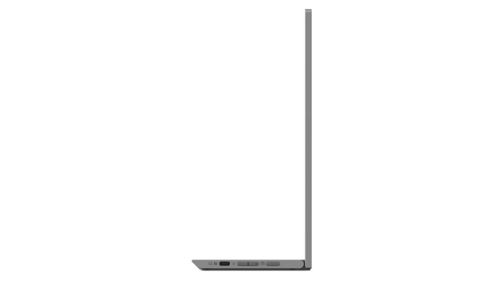Vista laterale di profilo di un computer portatile grigio chiuso con porte e pulsanti.