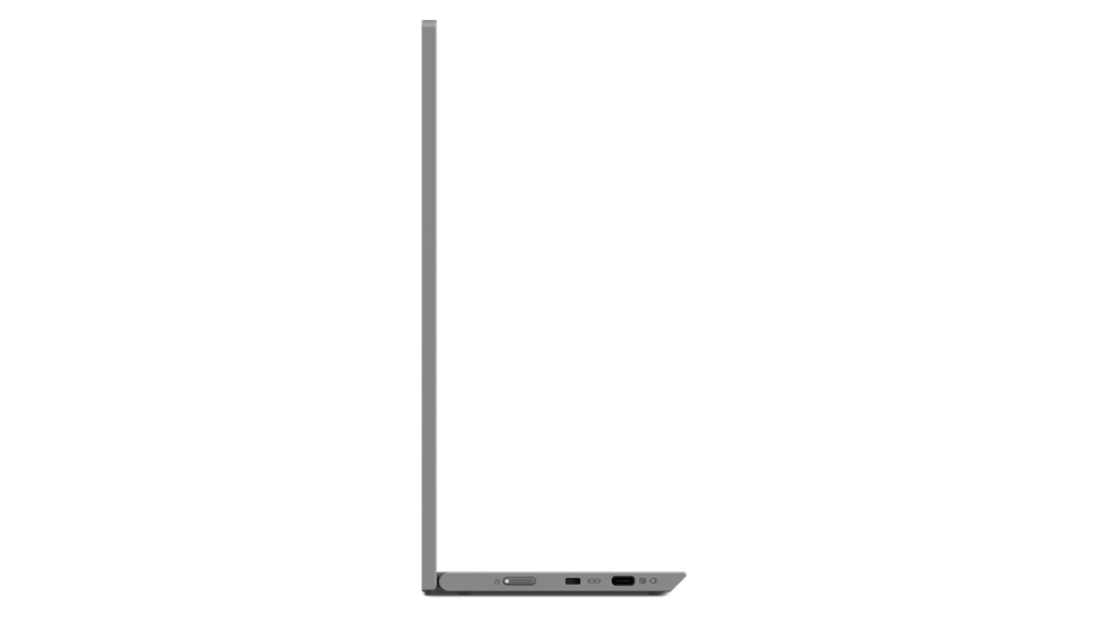 Vista laterale di un computer portatile grigio con le porte sul lato destro.