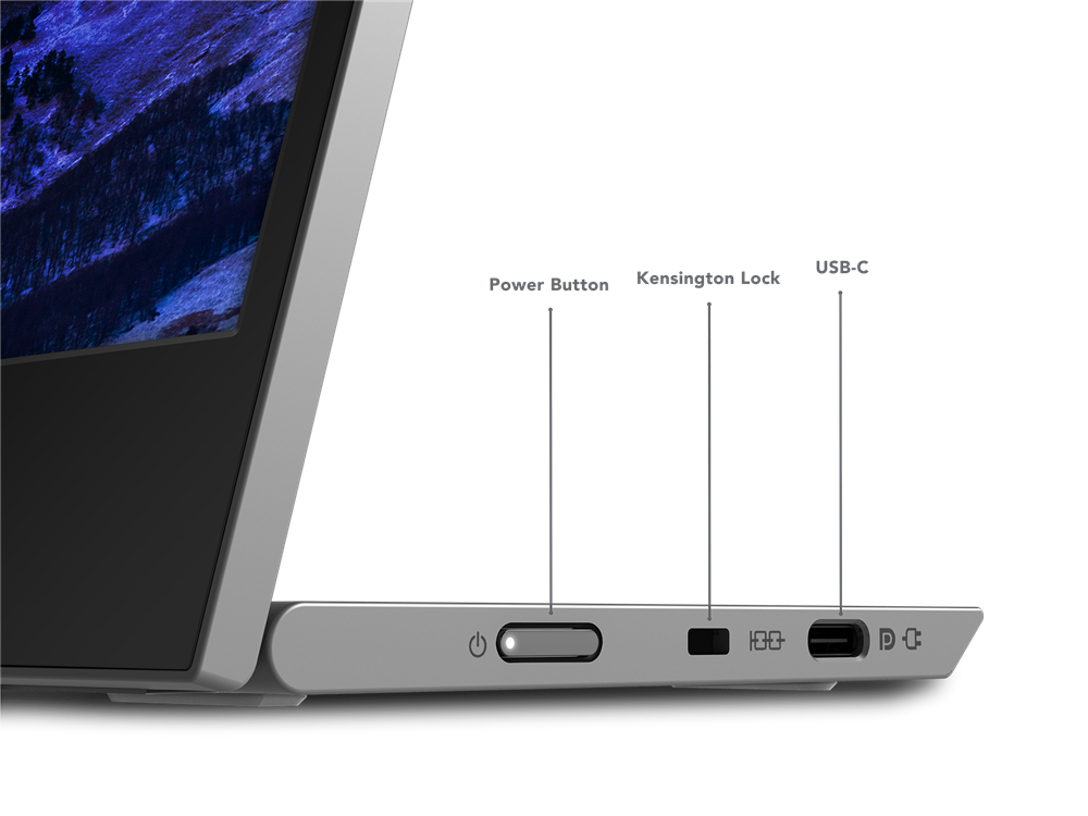 Vista laterale del computer portatile con pulsante di accensione, blocco Kensington e porta USB-C etichettati.