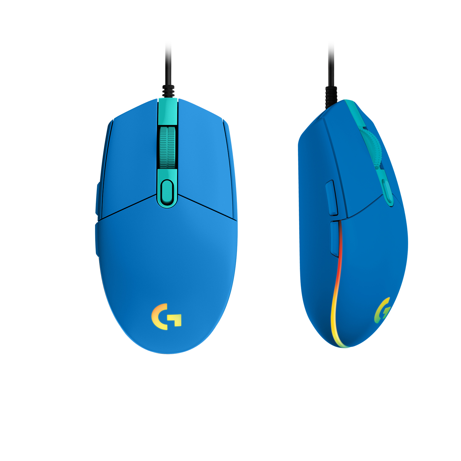 Blue wired gaming mouse with RGB lighting and Logi G logo, shown from front and side.
