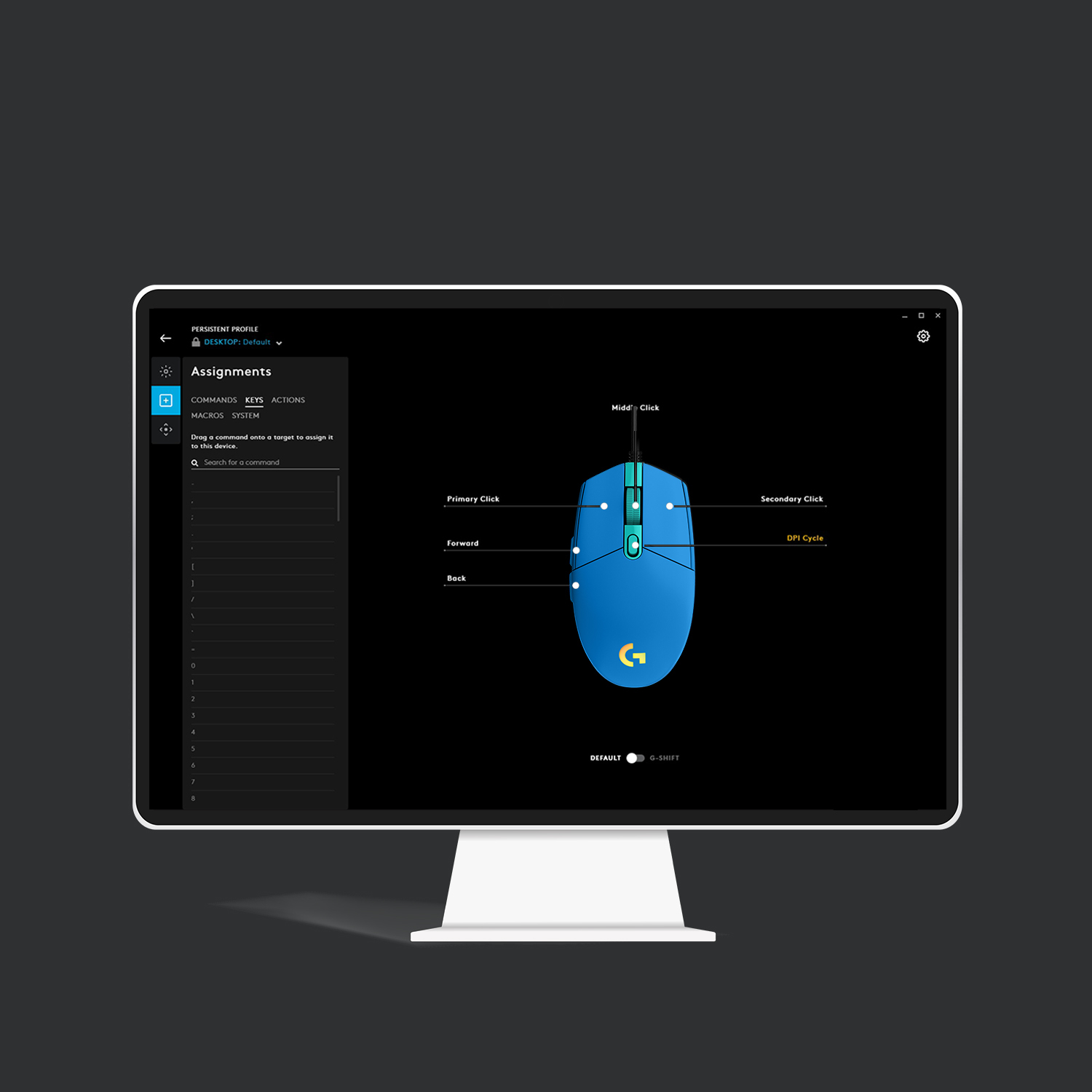 A computer screen displays software for customizing a blue gaming mouse with labeled buttons.