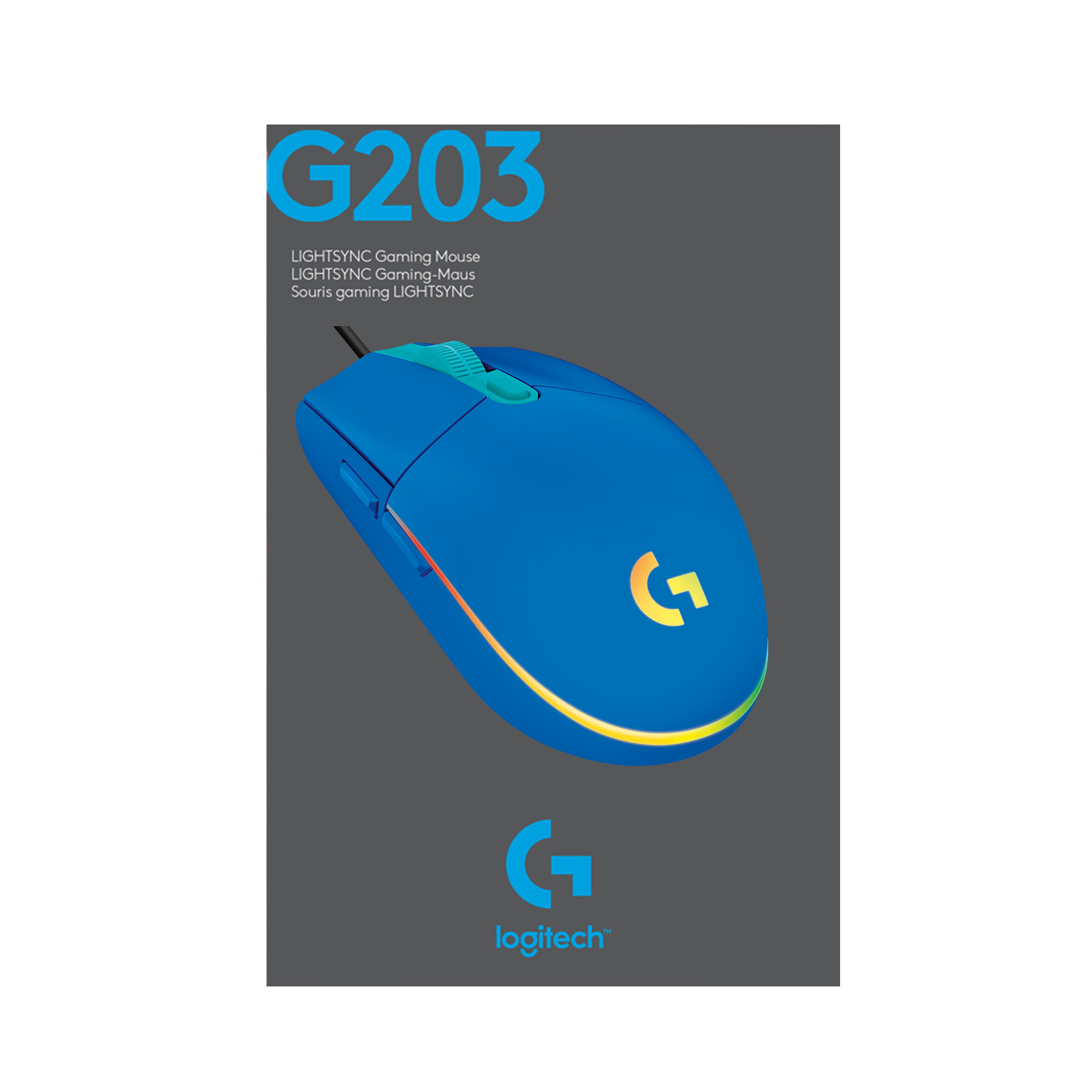 Blue Logitech G203 LIGHTSYNC gaming mouse on grey background.