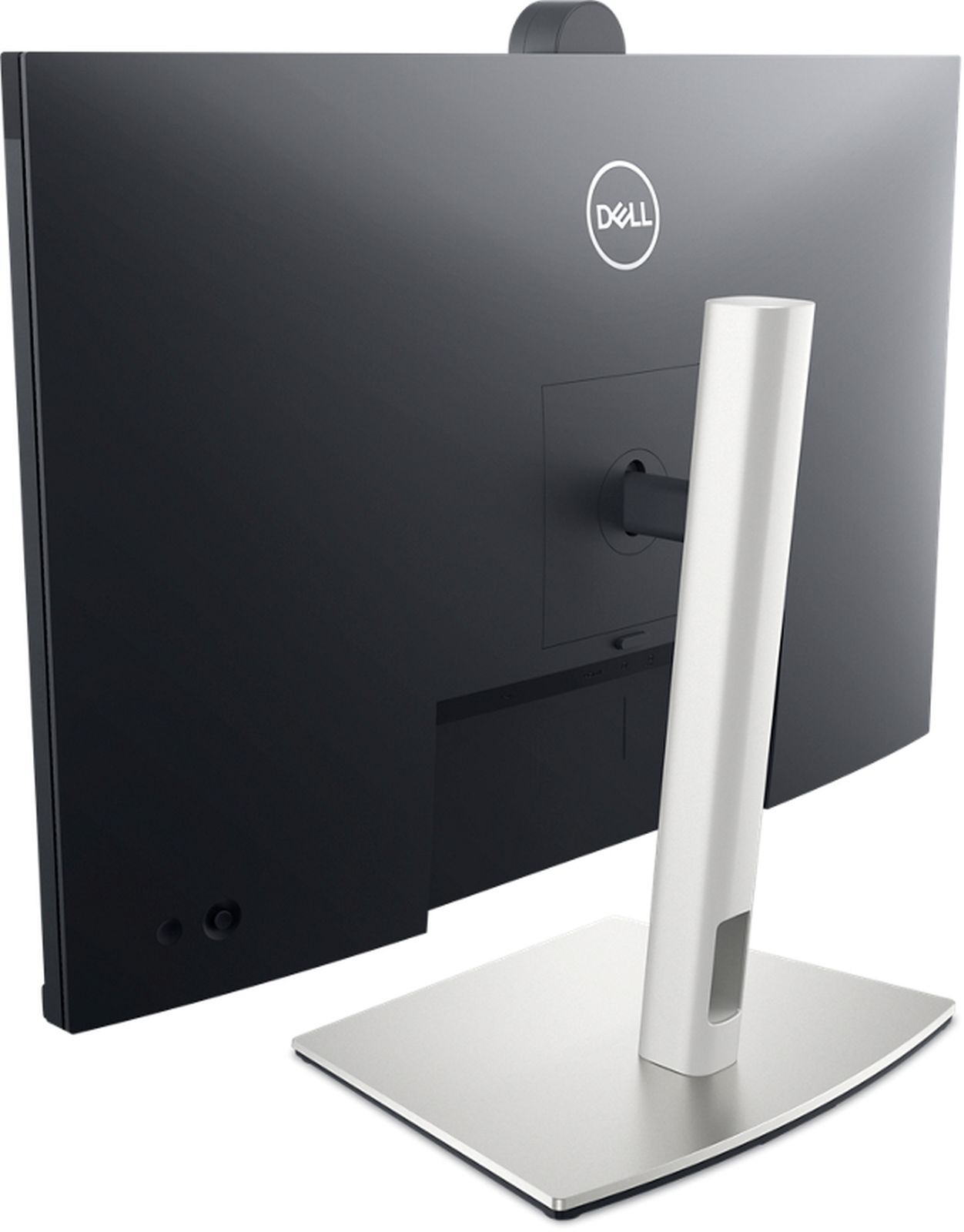 Vista posteriore di un monitor Dell nero con supporto argento su sfondo bianco.