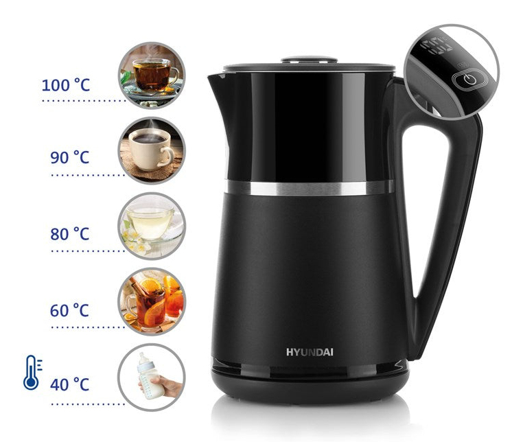 Schwarzer Hyundai Wasserkocher mit Temperaturstufen von 40 bis 100 Grad.