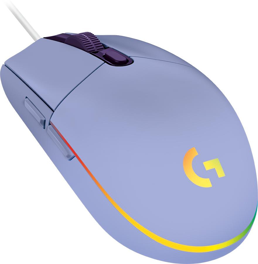 Een lichtblauwe Logitech gamingmuis met RGB-verlichting en witte kabel op een witte achtergrond.