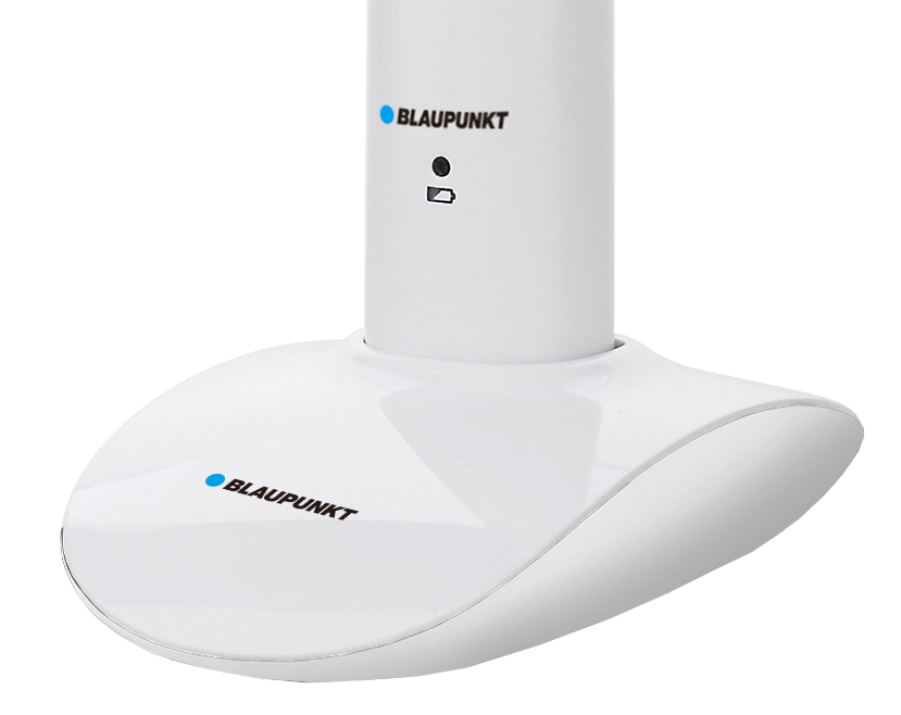 Base per dispositivo Blaupunkt bianca con indicatore di batteria e logo su sfondo bianco.