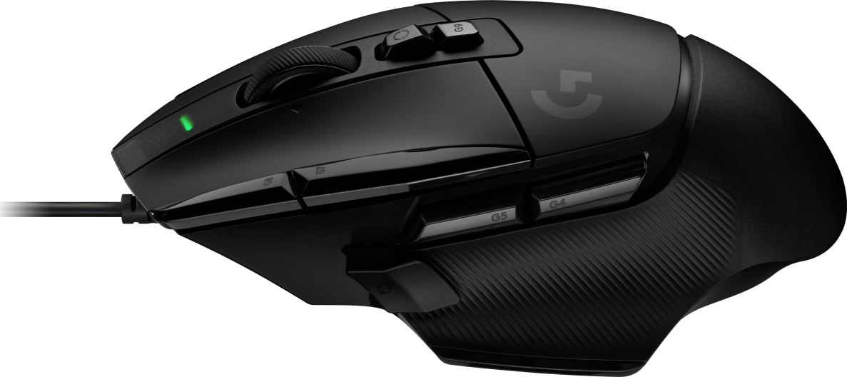 A black wired gaming mouse with a textured thumb grip, multiple side buttons, and a glowing green indicator light.