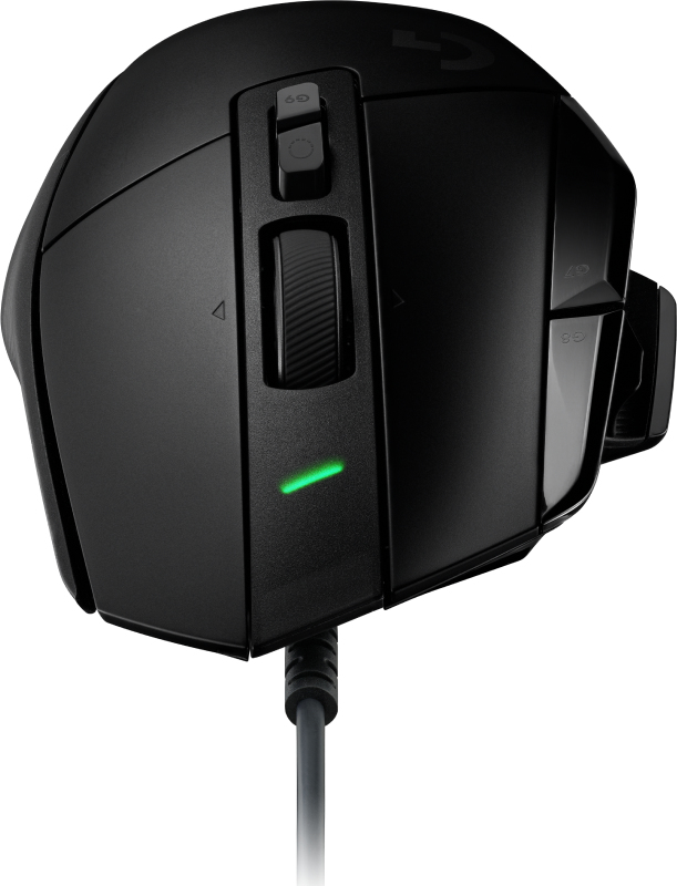 A black wired gaming mouse with multiple buttons and a glowing green indicator light on a white background.