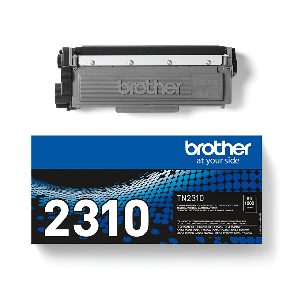 Brother TN2310 toner cartridge and original packaging on white background.
