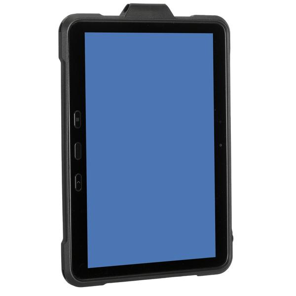 Ein schwarzes Tablet in robuster Schutzhülle mit blauem Bildschirm.