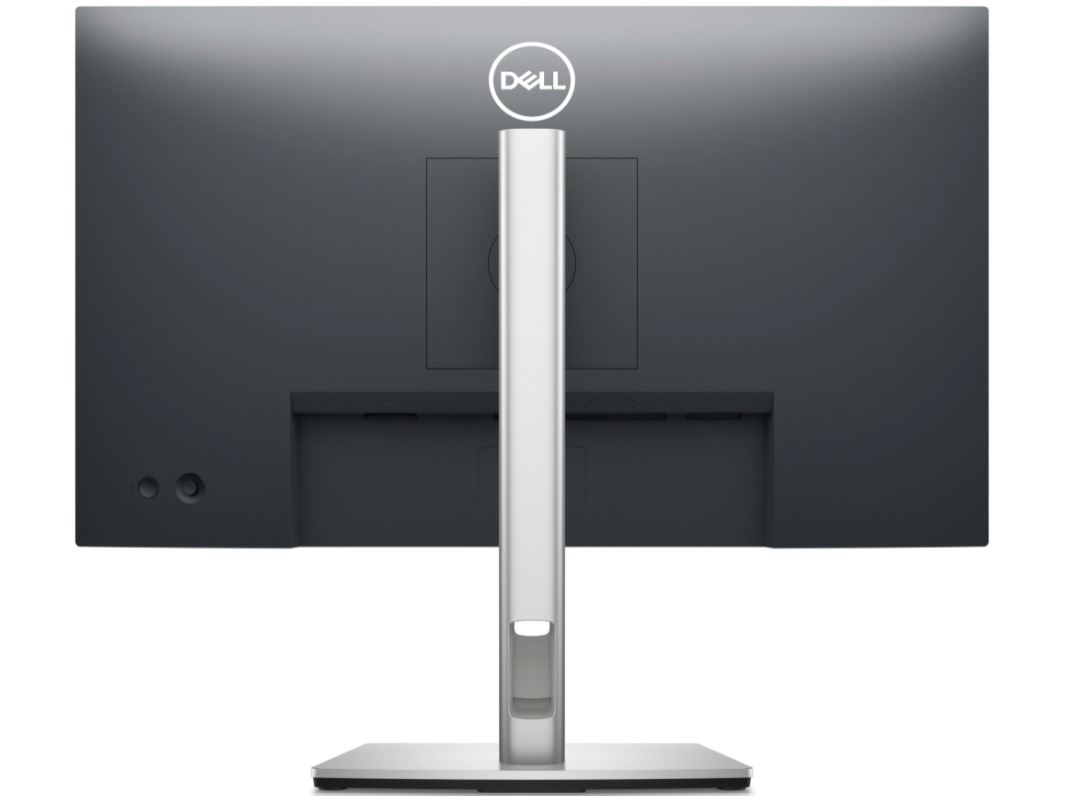 Vista posteriore di un monitor Dell con supporto argento e logo bianco.