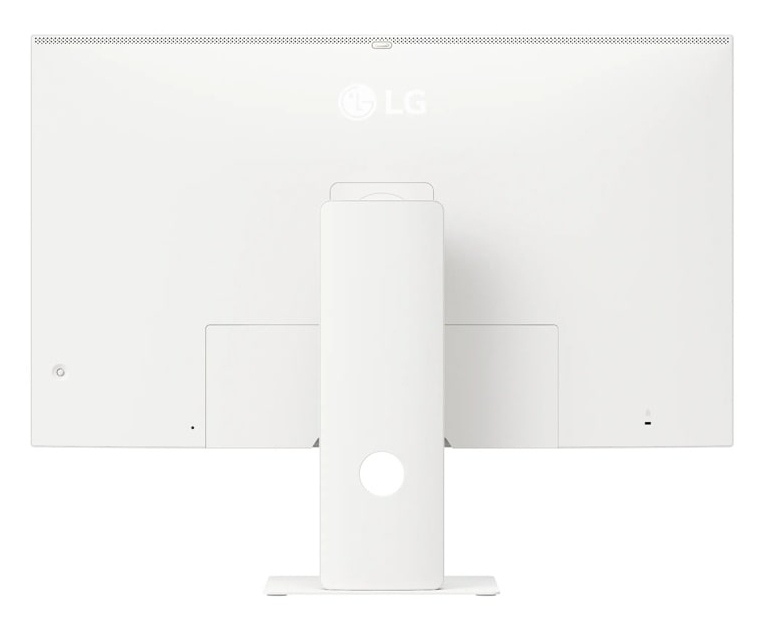 Vista posteriore di un monitor LG bianco con supporto su fondo chiaro.