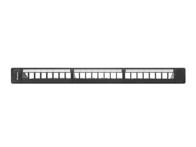 Ein schwarzes 24-Port-Patchpanel mit nummerierten Steckplätzen auf weißem Hintergrund.