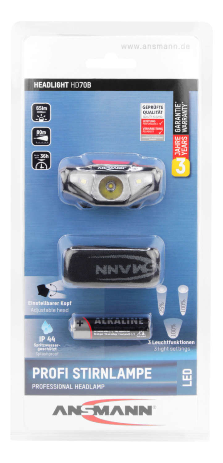 Ansmann HD70B Stirnlampe in Originalverpackung mit Band und Alkalibatterien.