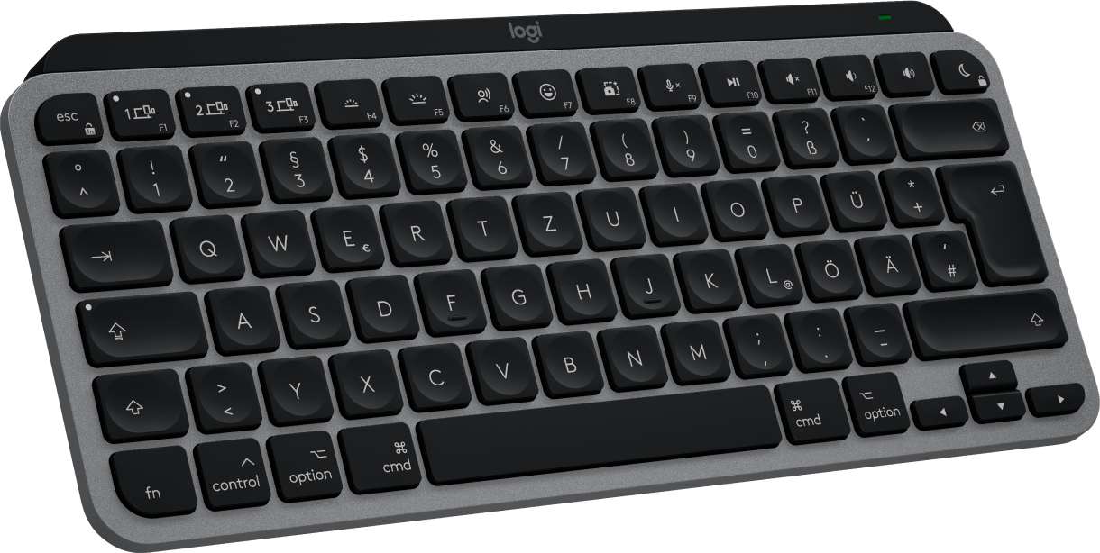 Eine kompakte, graue und schwarze kabellose Tastatur mit deutschem QWERTZ-Layout.