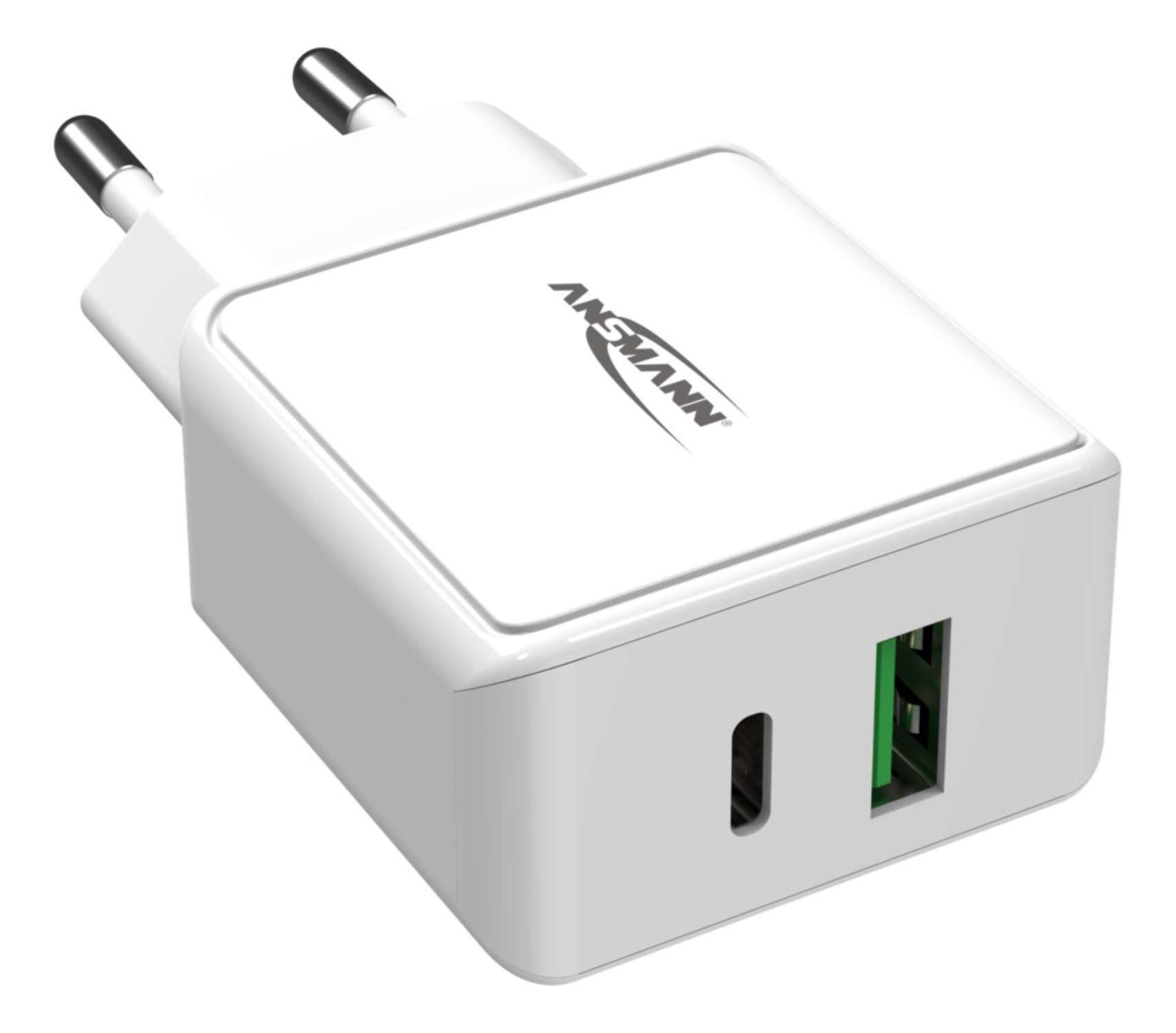 Weißes Ansmann Steckdosen-Ladegerät mit USB-C- und USB-A-Anschlüssen.