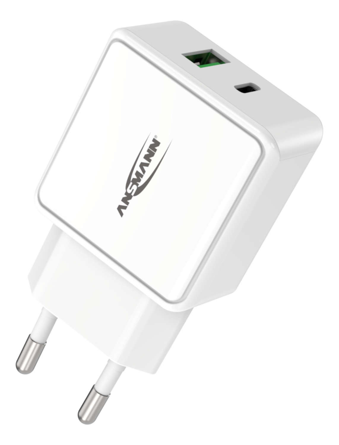 Ein weißes Ansmann USB-Ladegerät mit zwei Steckern für die Steckdose und zwei USB-Anschlüssen.