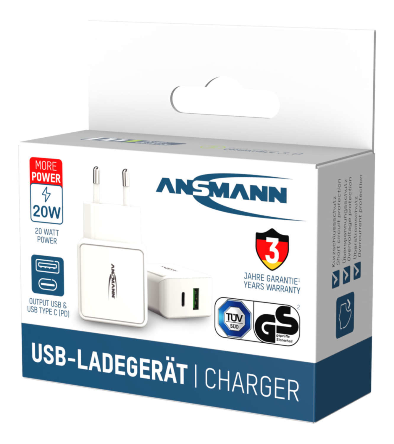 Ansmann USB-Ladegerät Verpackung mit weißem 20W Netzteil, USB-A- und USB-C-Anschlüssen sowie Garantiesymbolen.