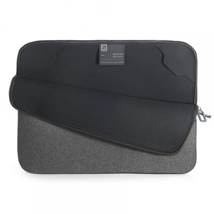 Black neoprene laptop sleeve with an open main compartment on a white background.
