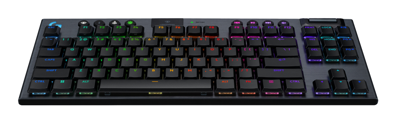 Tastiera da gioco wireless nera con retroilluminazione RGB.