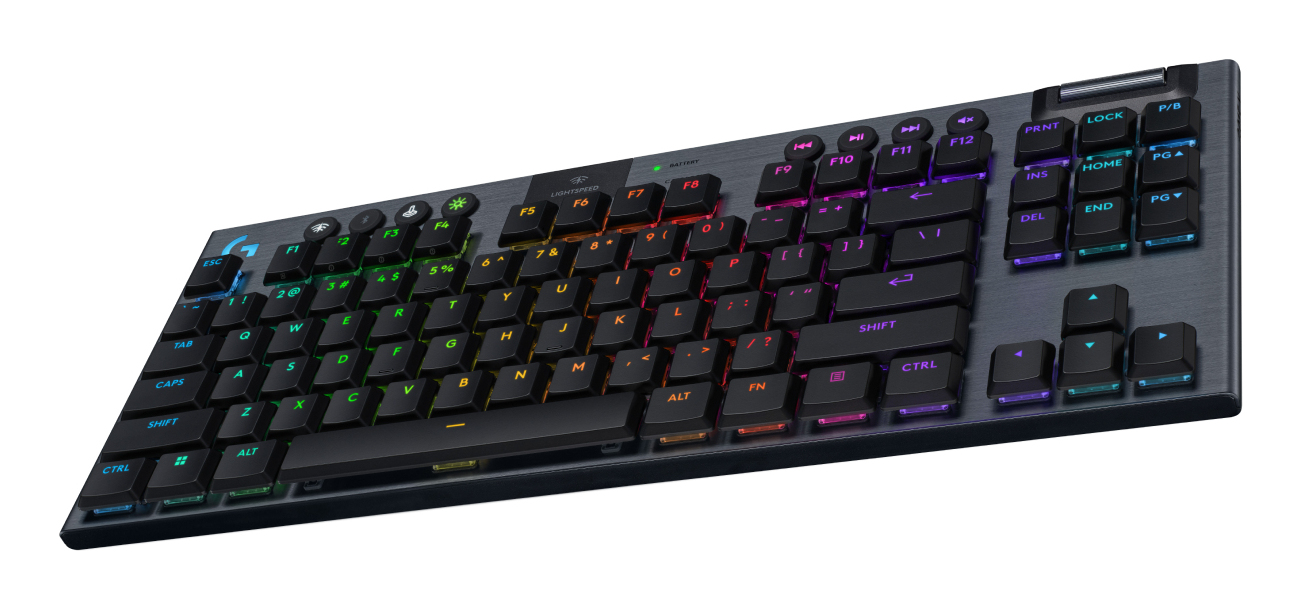 Una tastiera da gioco wireless nera con retroilluminazione RGB e design in metallo spazzolato.