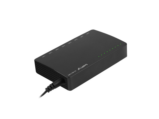 A black Lanberg network switch with a connected power cable against a white background.