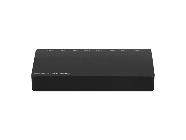 A black Lanberg network switch featuring eight illuminated green status LEDs on the top surface.
