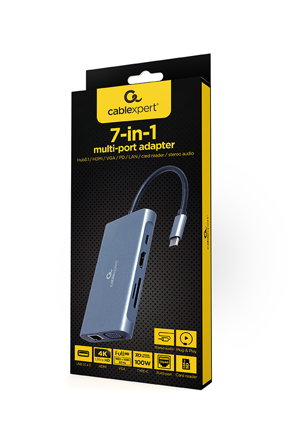 Eine Verpackung für einen grauen 7-in-1 Multiport-Adapter von Cablexpert mit USB-C-Kabel.