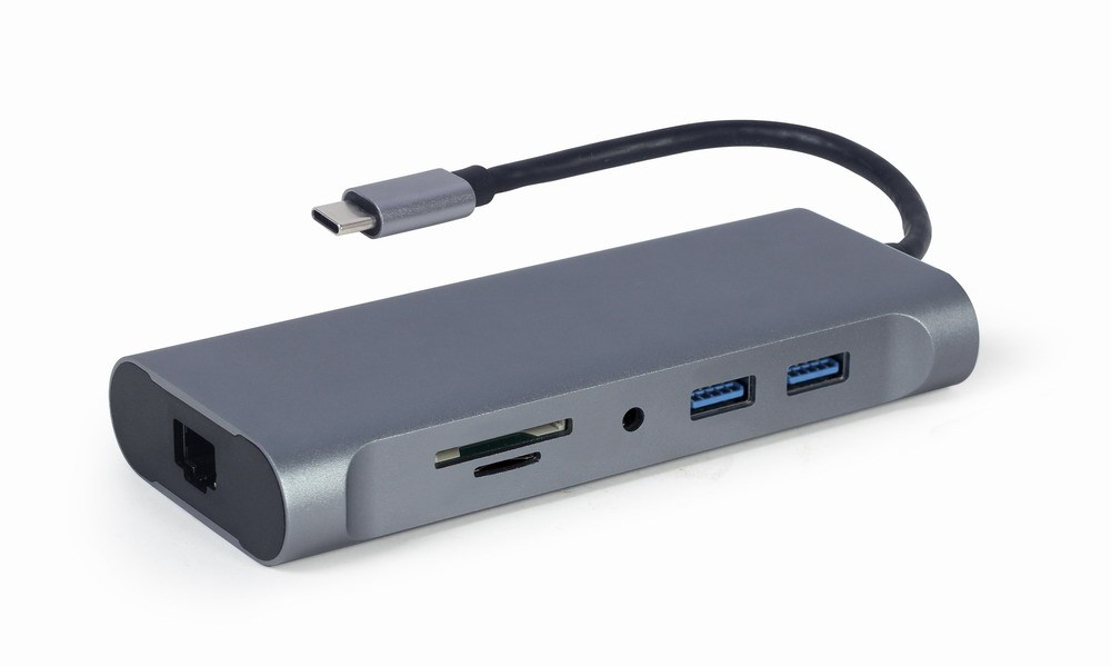 Ein grauer USB-C-Multiport-Hub mit verschiedenen Anschlüssen und Kabel auf weißem Hintergrund.