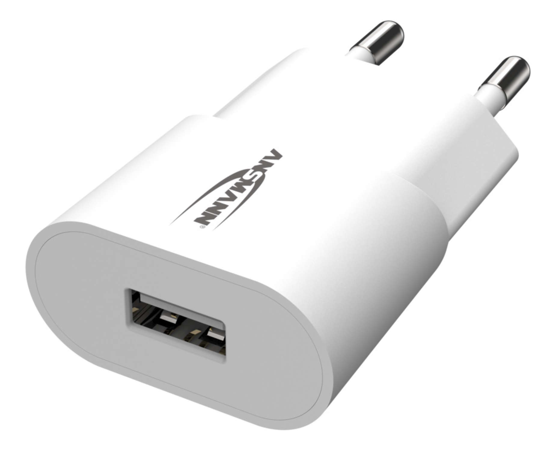 Ein weißer USB-Ladestecker mit Ansmann-Logo auf einem neutralen Hintergrund.