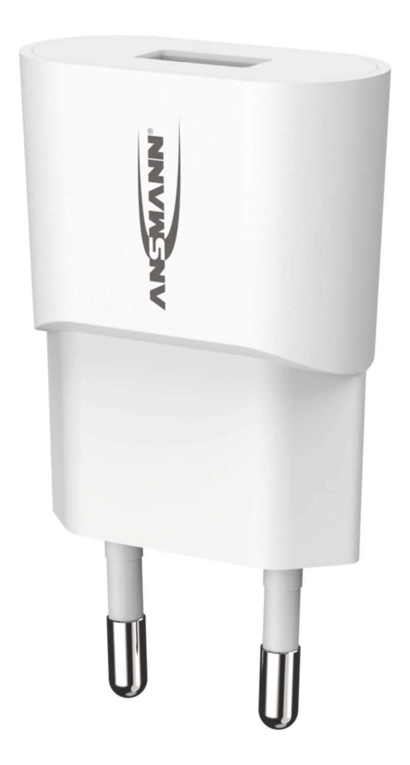Ein weißes Ansmann USB-Ladegerät mit einem USB-Anschluss und zwei Steckern für europäische Steckdosen.