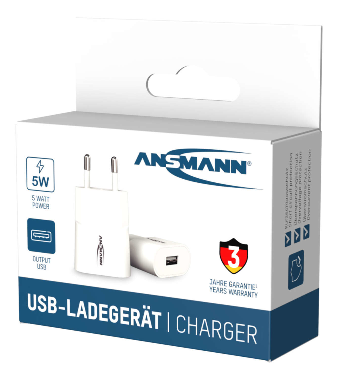 Ansmann USB-Ladegerät Verpackung in Weiß und Blau mit Produktbild und 3 Jahren Garantie.