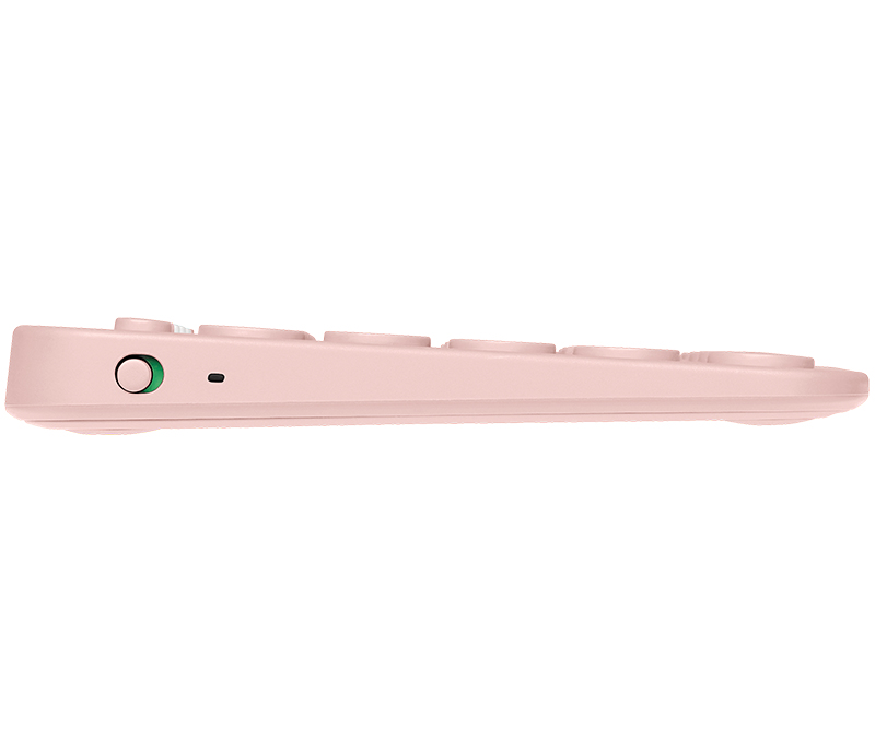 Seitenansicht einer rosa kabellosen Tastatur mit Power-Schalter und Status-LED.