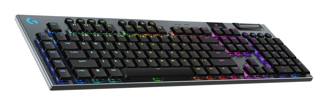 Un'elegante tastiera da gioco wireless con vivace retroilluminazione RGB e finitura metallica.
