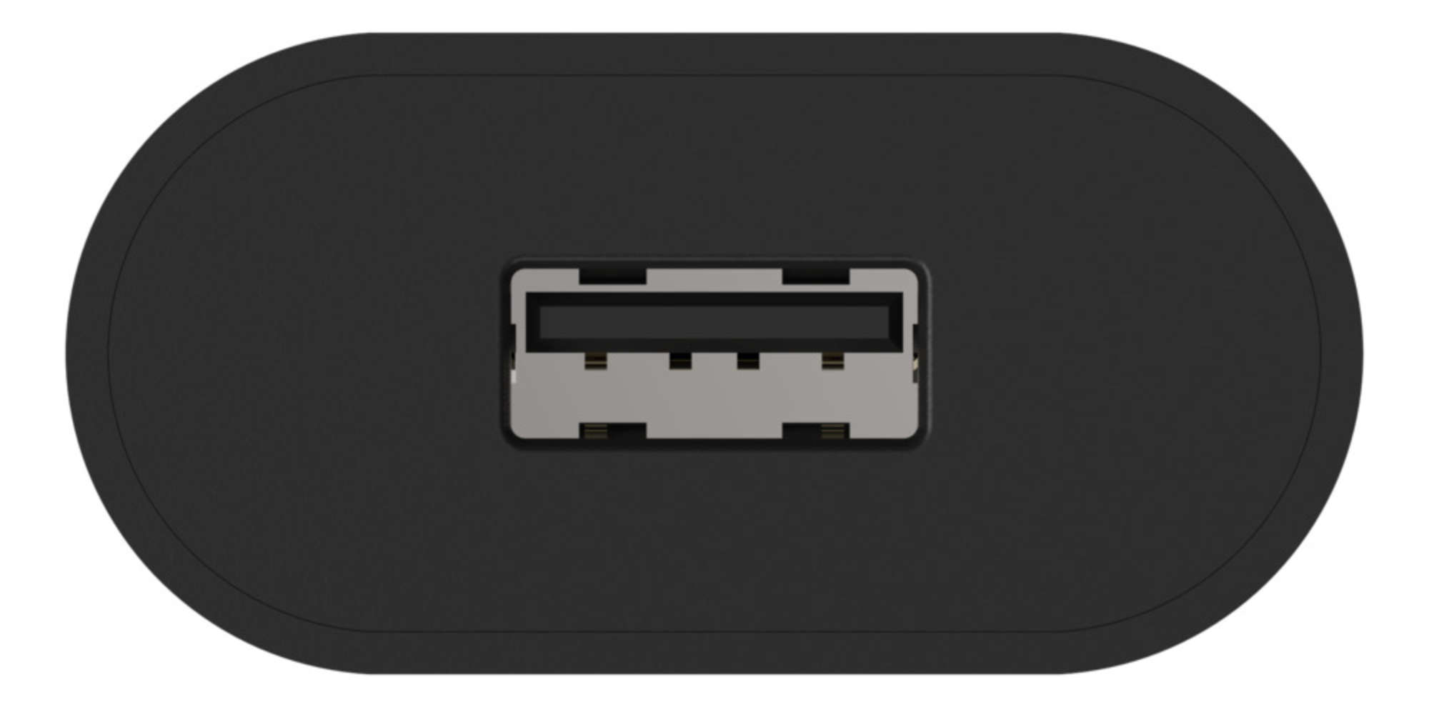 Ein schwarzer USB-Anschluss zentriert auf einer schwarzen ovalen Oberfläche.